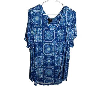 JM Collection Blouse Women's 3X Blue Floral Short Sleeve V-Neck Top Casual